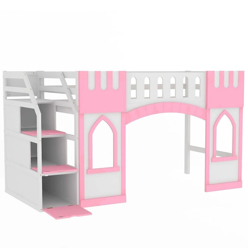 Twin Size Wood Loft Bed with Storage Staircase and Window