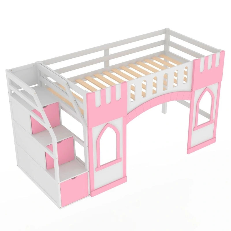 Twin Size Wood Loft Bed with Storage Staircase and Window