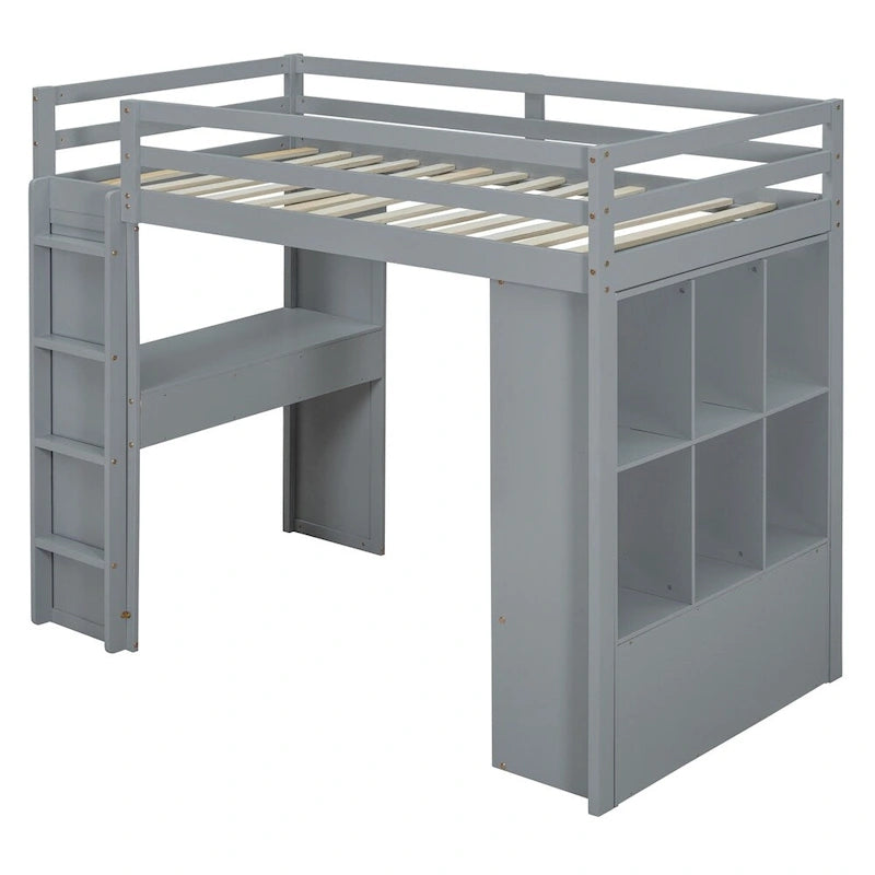 Twin Size Loft Bed With Large Shelves, Writing Desk And Led Light