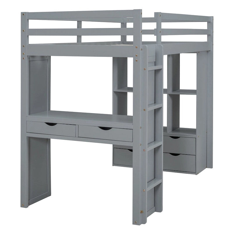 Twin Size Loft Bed With Large Shelves, Writing Desk And Led Light