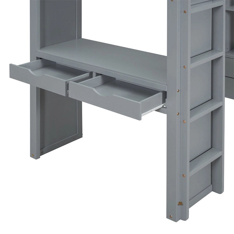Twin Size Loft Bed With Large Shelves, Writing Desk And Led Light