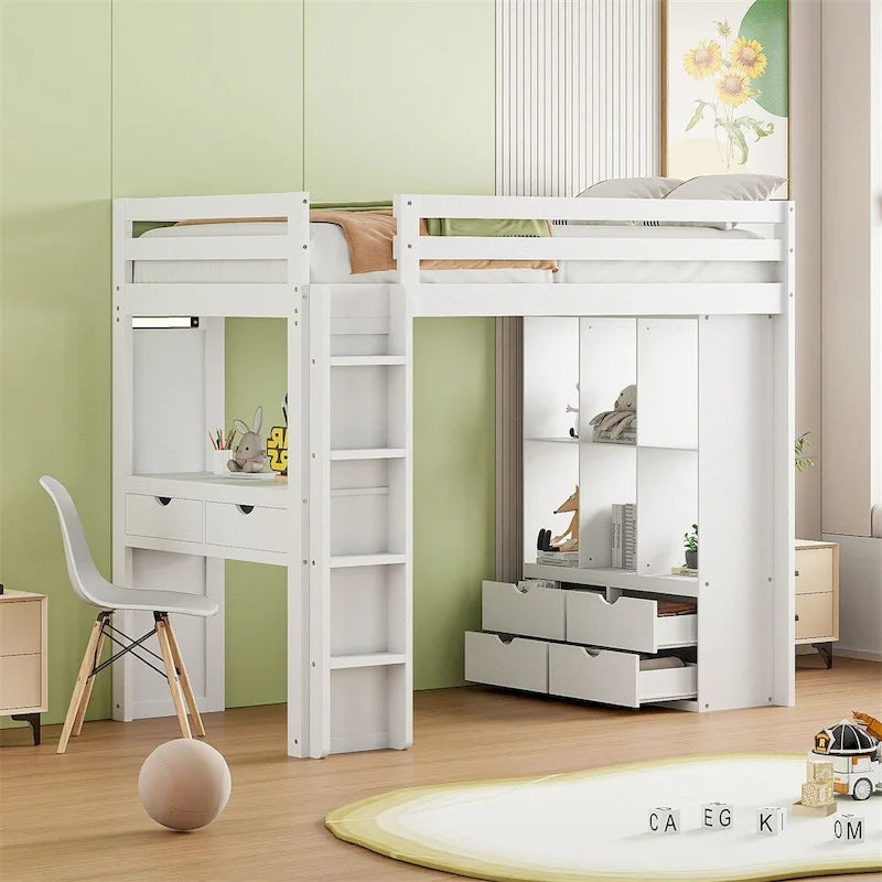 Twin Size Loft Bed With Large Shelves, Writing Desk And Led Light