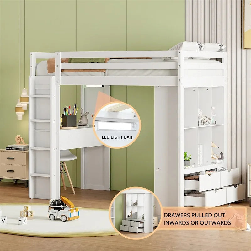 Twin Size Loft Bed With Large Shelves, Writing Desk And Led Light