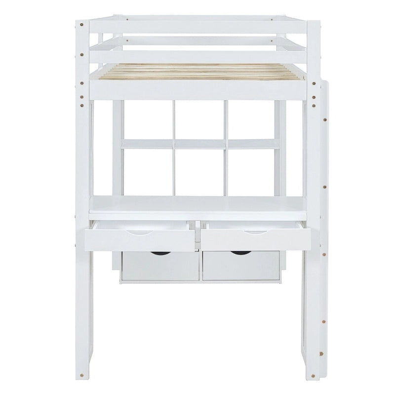 Twin Size Loft Bed With Large Shelves, Writing Desk And Led Light