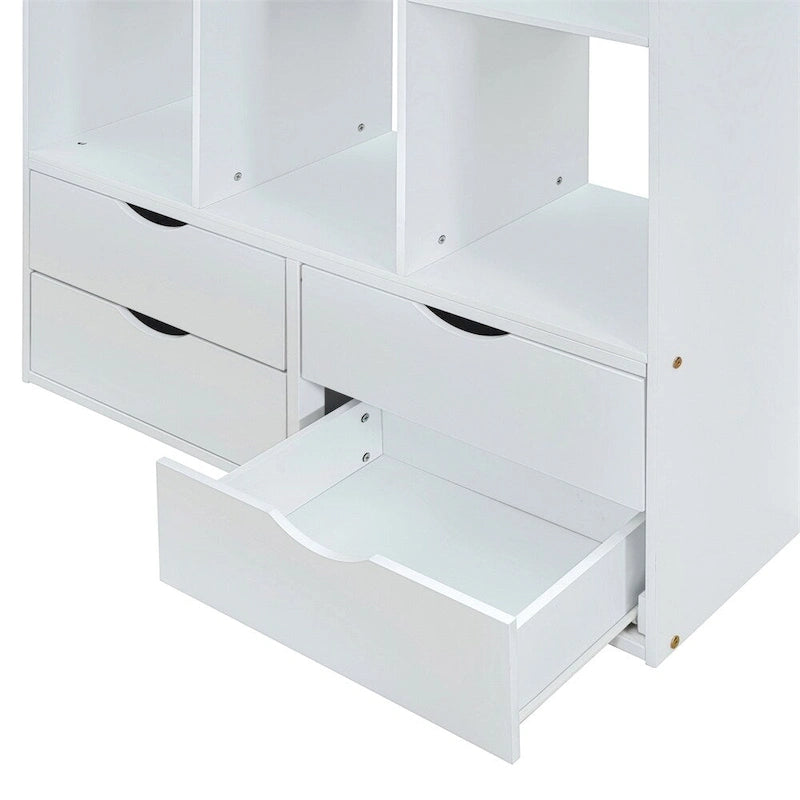 Twin Size Loft Bed With Large Shelves, Writing Desk And Led Light