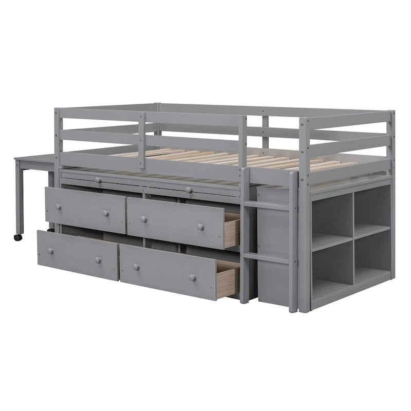 Twin Size Loft Bed with Retractable Writing Desk and 4 Drawers