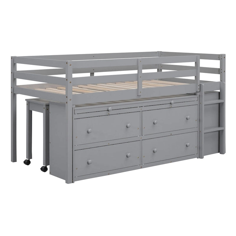 Twin Size Loft Bed with Retractable Writing Desk and 4 Drawers