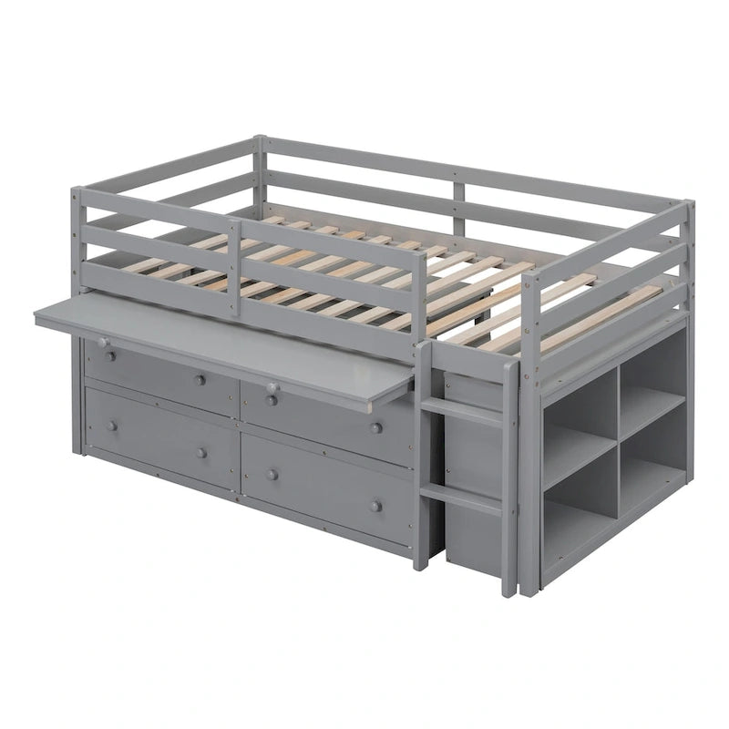 Twin Size Loft Bed with Retractable Writing Desk and 4 Drawers