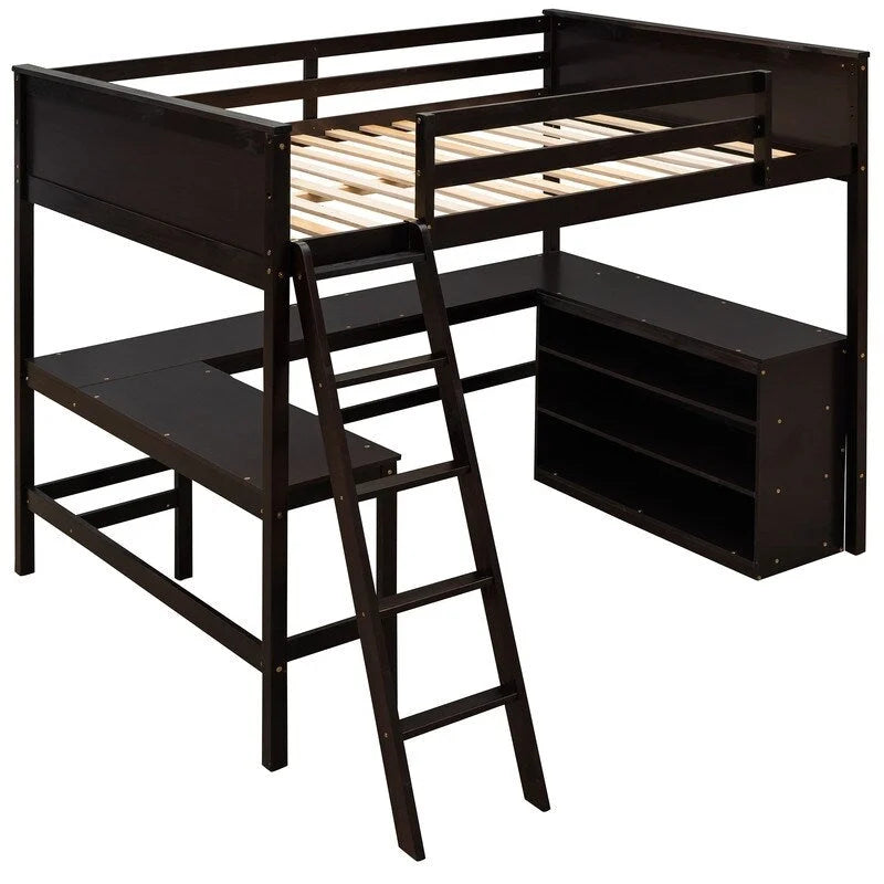 Full size Loft Bed with Shelves and Desk