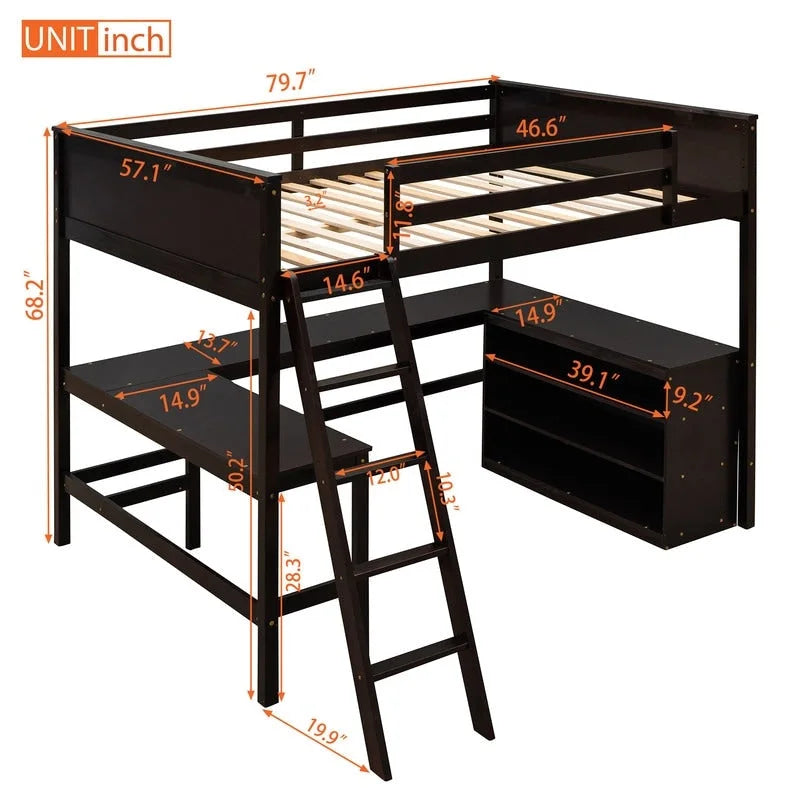 Full size Loft Bed with Shelves and Desk