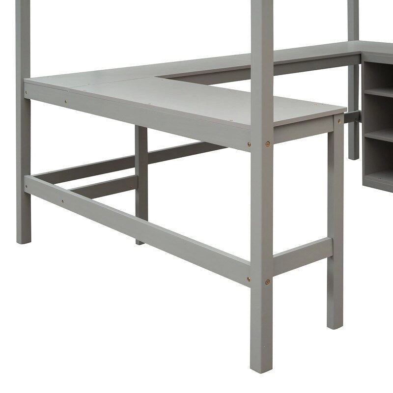 Full size Loft Bed with Shelves and Desk