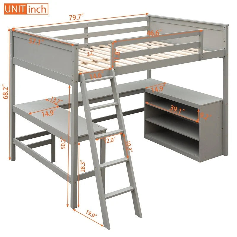 Full size Loft Bed with Shelves and Desk