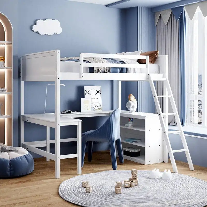 Full size Loft Bed with Shelves and Desk