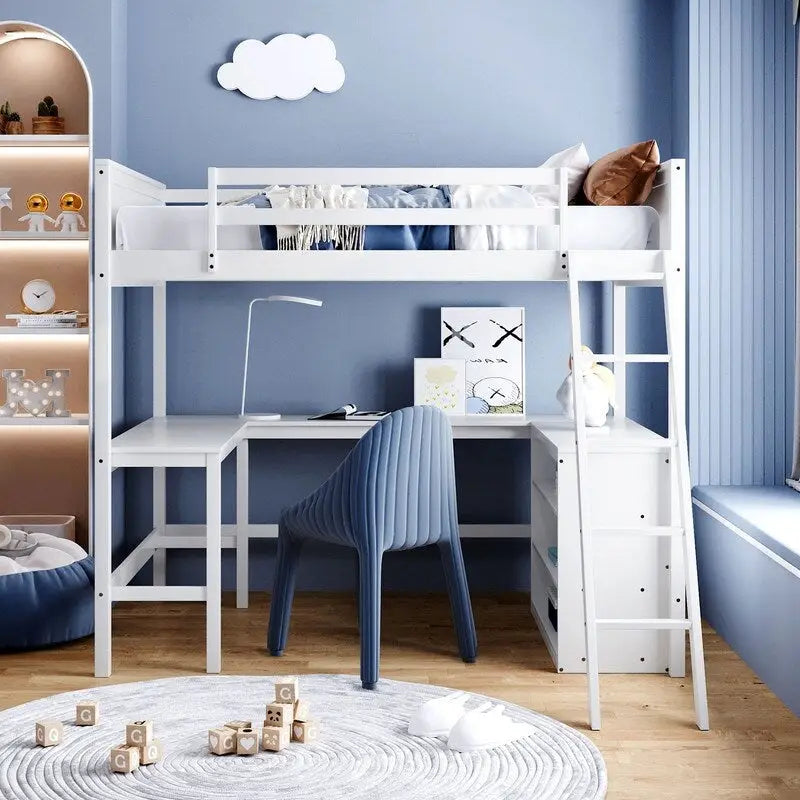 Full size Loft Bed with Shelves and Desk