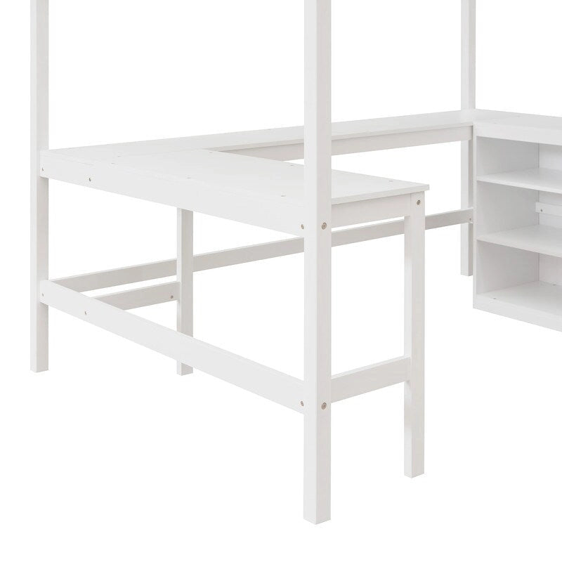 Full size Loft Bed with Shelves and Desk