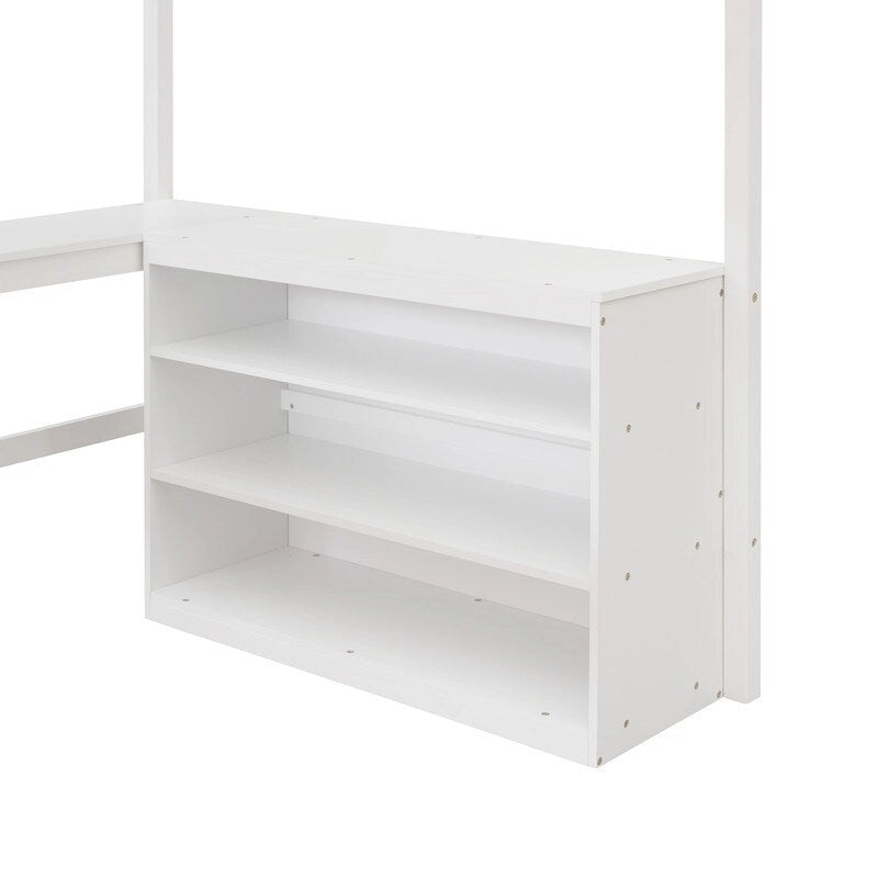 Full size Loft Bed with Shelves and Desk