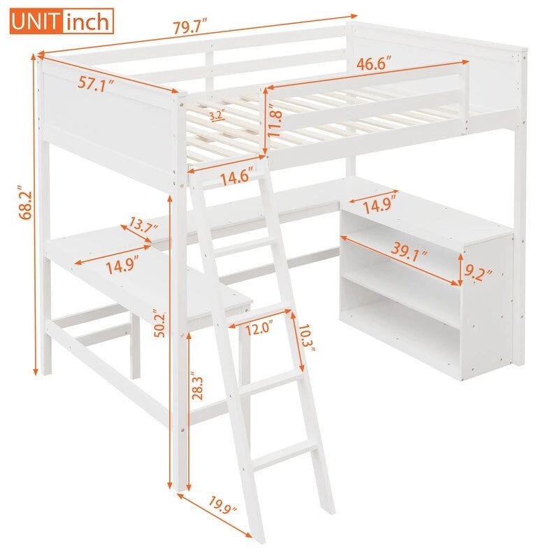 Full size Loft Bed with Shelves and Desk