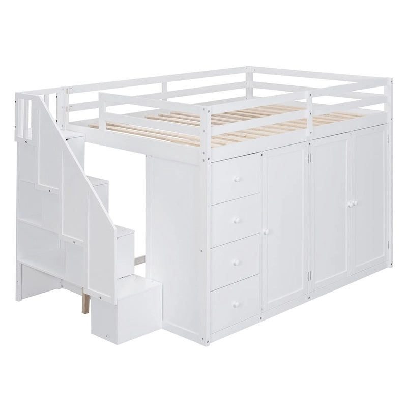 Wood Loft Bed With Built-in Wardrobes, Cabinets and Drawers