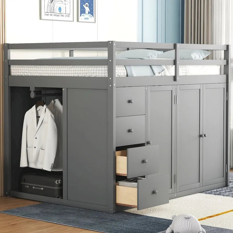 Wood Loft Bed With Built-in Wardrobes, Cabinets and Drawers