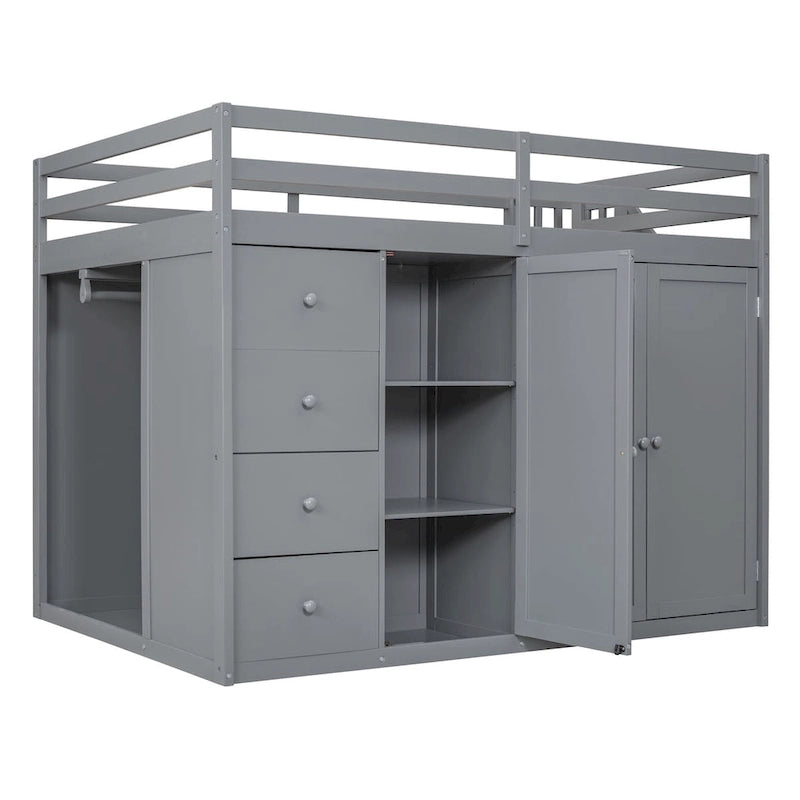 Wood Loft Bed With Built-in Wardrobes, Cabinets and Drawers