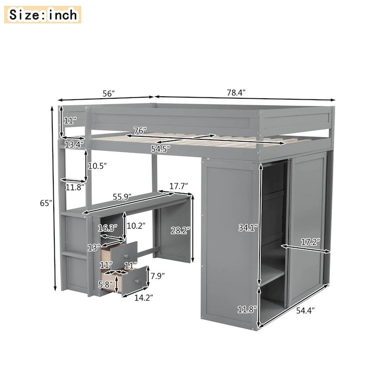 Gray Pine Wood Loft Bed with Wardrobes, 2-Drawer Desk, and Cabinet, Full-Length Guardrail