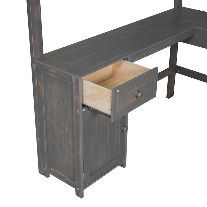 Loft Bed with U-shaped Desk, Drawers and Storage Shelves,Full/Twin Size