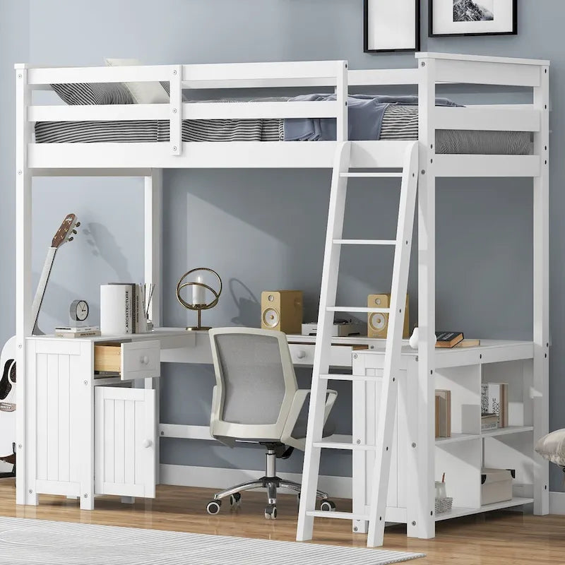 Loft Bed with U-shaped Desk, Drawers and Storage Shelves,Full/Twin Size