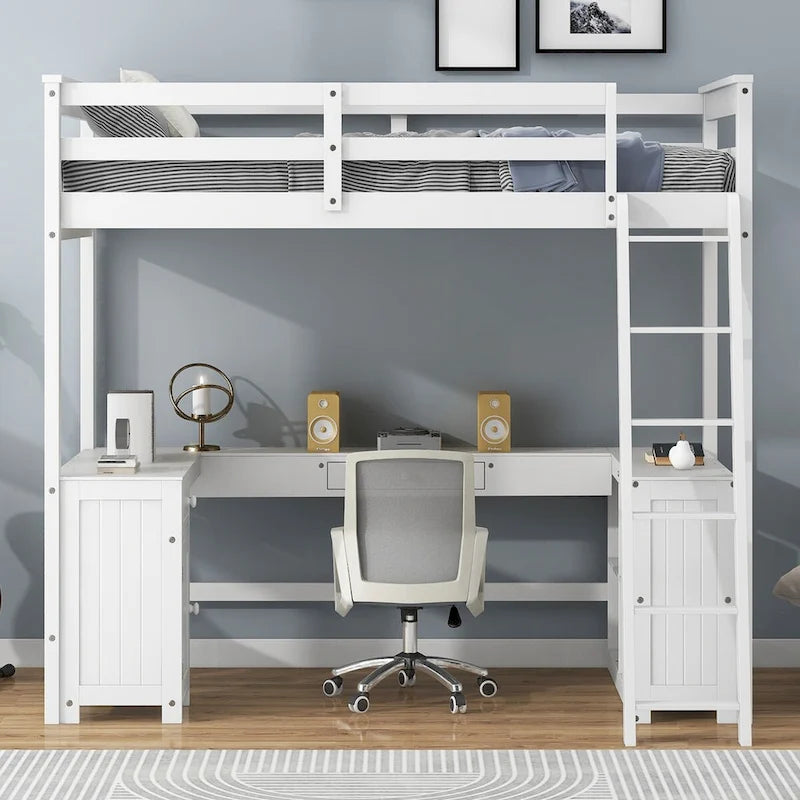 Loft Bed with U-shaped Desk, Drawers and Storage Shelves,Full/Twin Size