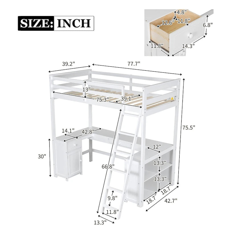 Loft Bed with U-shaped Desk, Drawers and Storage Shelves,Full/Twin Size