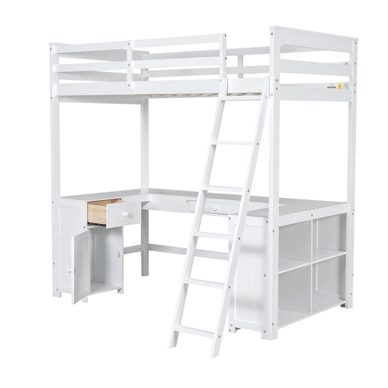 Loft Bed with U-shaped Desk, Drawers and Storage Shelves,Full/Twin Size