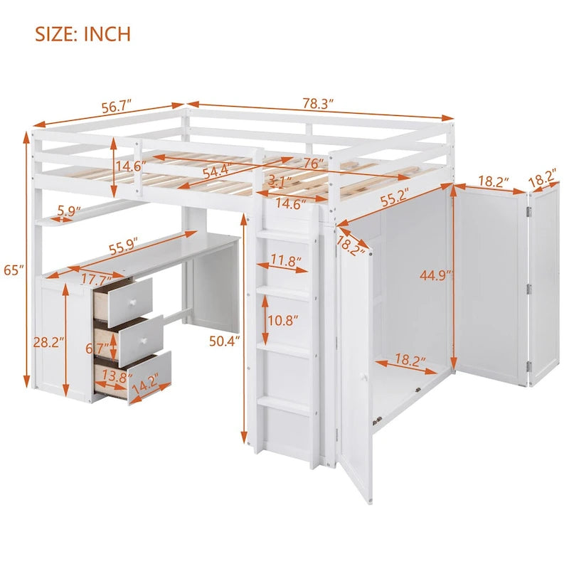 White Multi-functional Pine Loft Bed with Desk, Wardrobe, Drawers, Shelves