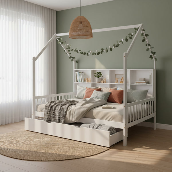 White Wooden Kids House Bed with Trundle and Shelf