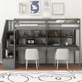 Twin Size Loft Bed Frame with Storage Staircase and Double Desks and Shelves