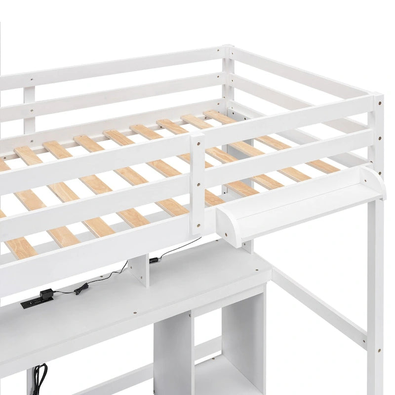 Twin/Full Size Loft Bed with Multi-storage Desk, LED light and Bedside Tray, Charging Station, White