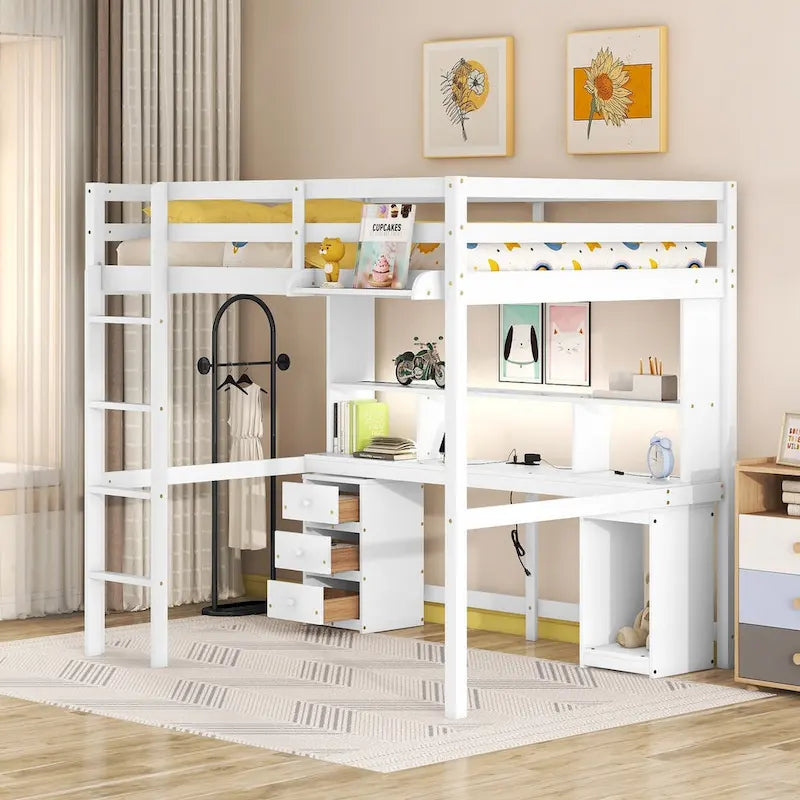 Twin/Full Size Loft Bed with Multi-storage Desk, LED light and Bedside Tray, Charging Station, White
