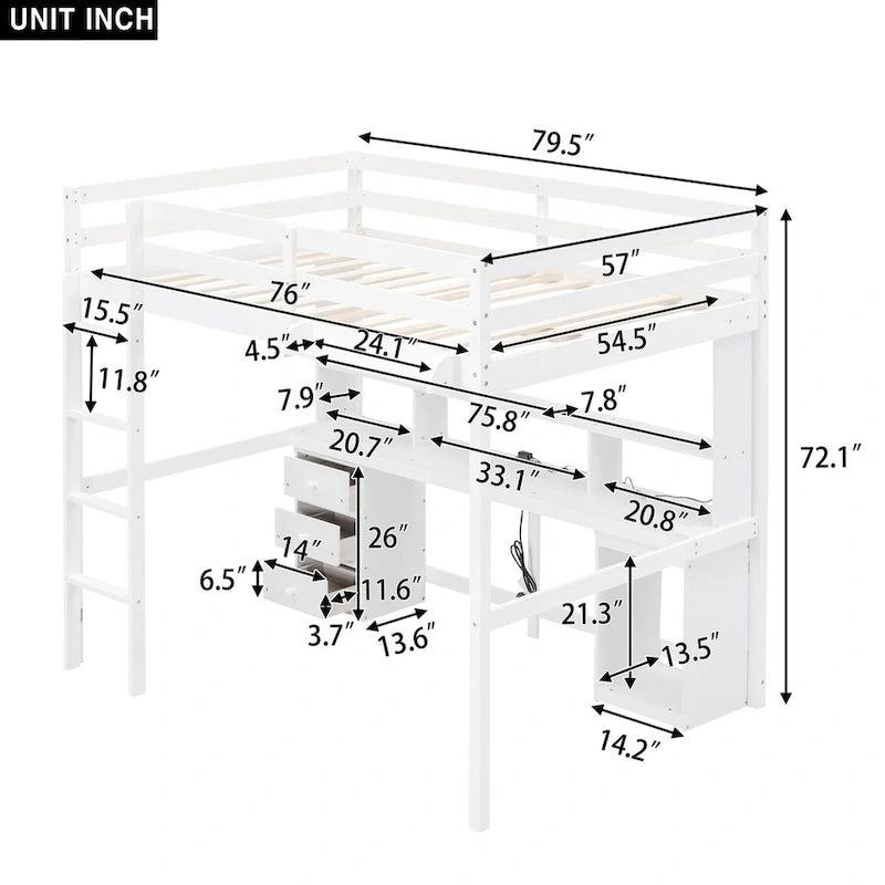 Twin/Full Size Loft Bed with Multi-storage Desk, LED light and Bedside Tray, Charging Station, White