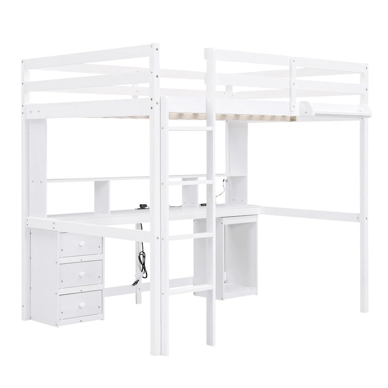 Twin/Full Size Loft Bed with Multi-storage Desk, LED light and Bedside Tray, Charging Station, White