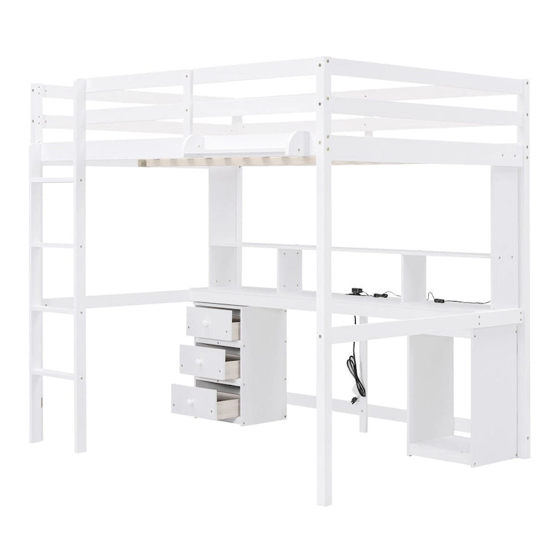 Twin/Full Size Loft Bed with Multi-storage Desk, LED light and Bedside Tray, Charging Station, White