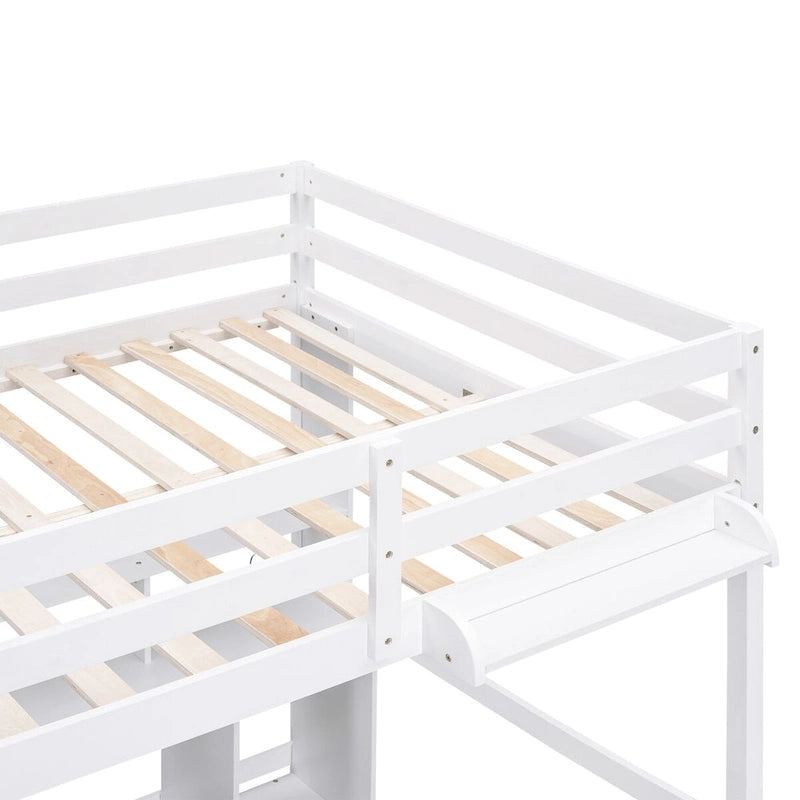 Twin/Full Size Loft Bed with Multi-storage Desk, LED light and Bedside Tray, Charging Station, White