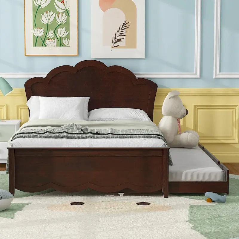 Full Size Wood Platform Bed with Headboard and Twin Size Trundle