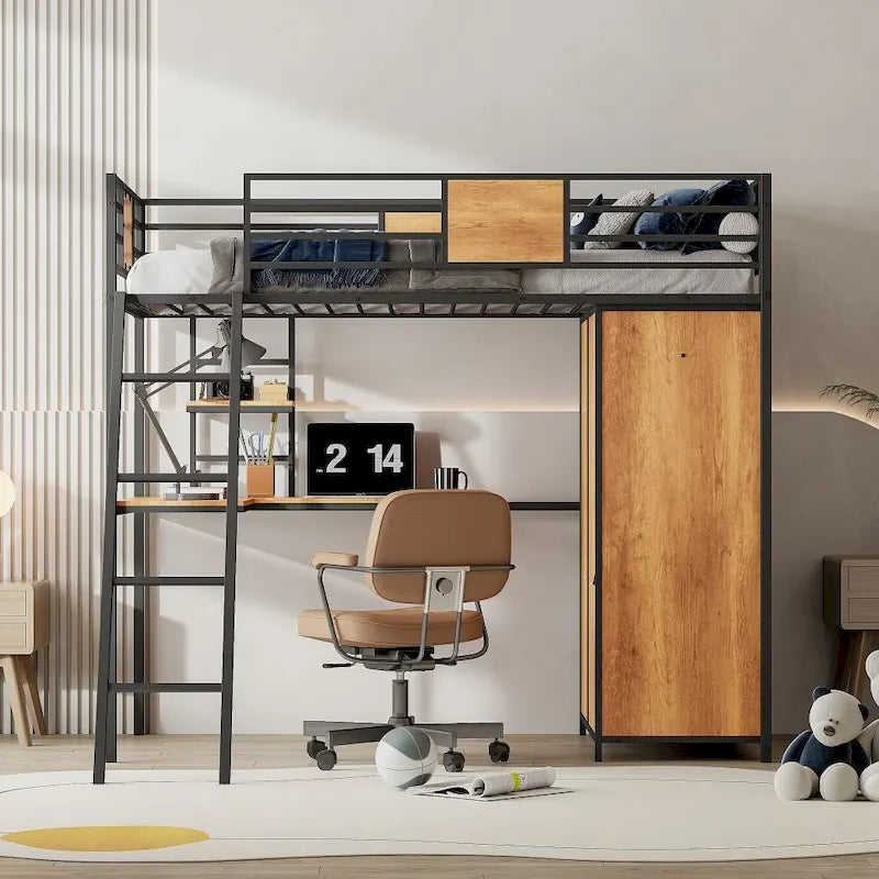 Twin Size Loft Bed with L-Shape Desk and Wardrobe