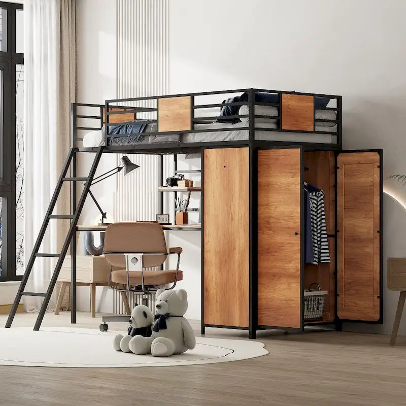 Twin Size Loft Bed with L-Shape Desk and Wardrobe