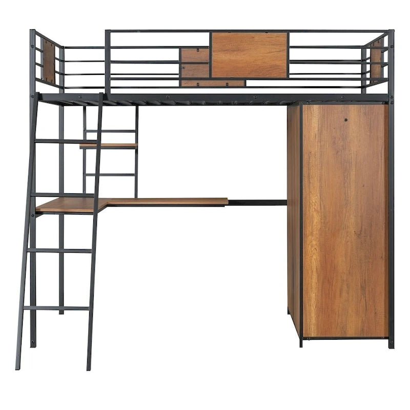 Twin Size Loft Bed with L-Shape Desk and Wardrobe