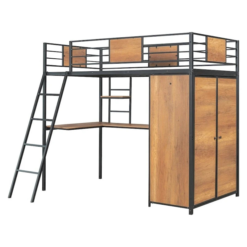 Twin Size Loft Bed with L-Shape Desk and Wardrobe