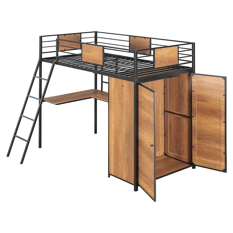 Twin Size Loft Bed with L-Shape Desk and Wardrobe