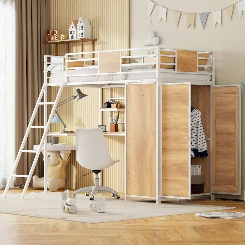 Twin Size Loft Bed with L-Shape Desk and Wardrobe