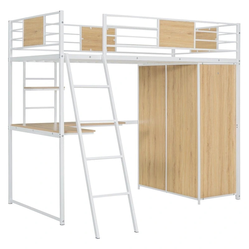 Twin Size Loft Bed with L-Shape Desk and Wardrobe