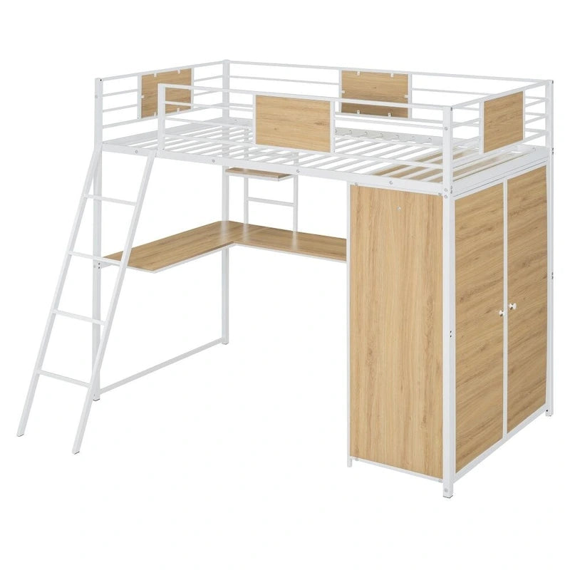 Twin Size Loft Bed with L-Shape Desk and Wardrobe