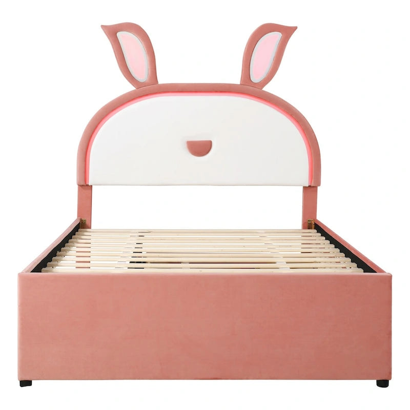 Pink Full Upholstered Platform Bed with Trundle, 3 Drawers, and LED Rabbit Headboard