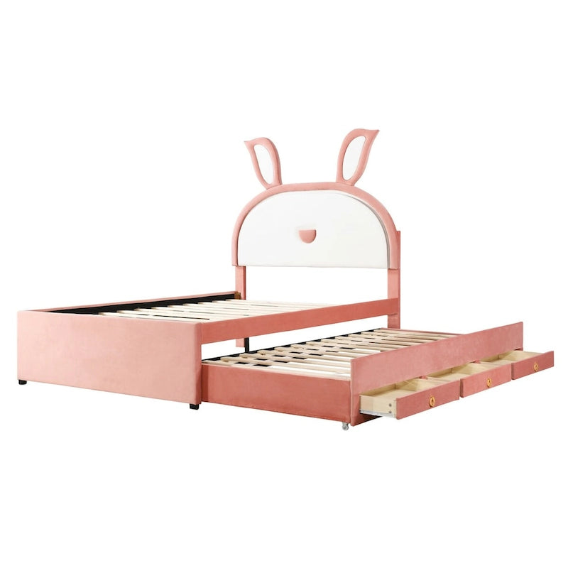 Pink Full Upholstered Platform Bed with Trundle, 3 Drawers, and LED Rabbit Headboard